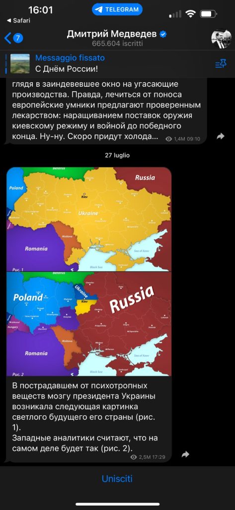 La (falsa) mappa "occidentale" condivisa da Medvedev che vede l'Ucraina smembrata